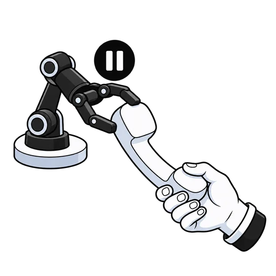 A robot passes a telephone receiver to a person; the pause symbol marks AI stopping