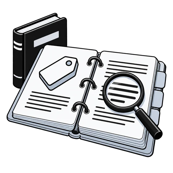 An open binder with source materials and a magnifying glass over a paragraph