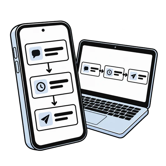 A smartphone and laptop show the same simple message flow