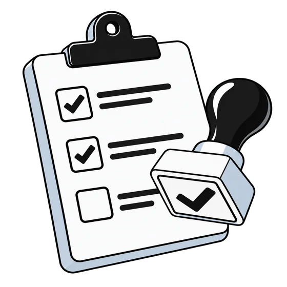 A checklist and a checkmark stamp represent checking before launch