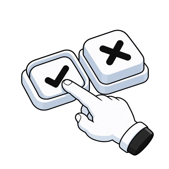 A finger presses the checkmark button beside a button with a cross